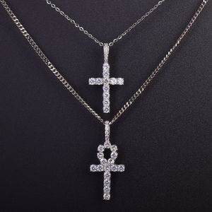 Iced Zircon Ankh Cross Halsbandsmycken Set Gold Silver Copper Material Bling CZ Key to Life Egypt Pendants Necklace2810