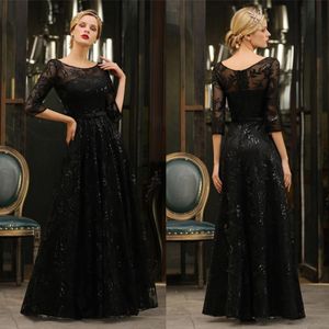 Modest Sheer 3/4 Long Sleeves Lace Black Evening Dresses Sparkling Scoop Neck A Line Formal Party Evening Gowns 100% Real Image CPS1341