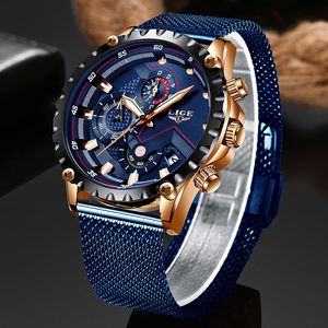 2019 Nova LIGE Azul Casual Mesh Belt Moda Quartz Relógio de ouro Mens Relógios Top Marca de luxo à prova d'água Relógio Relógio Masculino LY191213