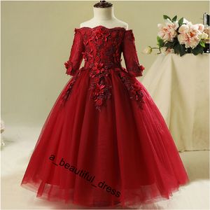 Menina Red Bead Decoração longo Flower Dress New Girl vestido de baile de casamento concurso partido da troca do vestido de baile Beleza Sexy ombro Vestido FG1268