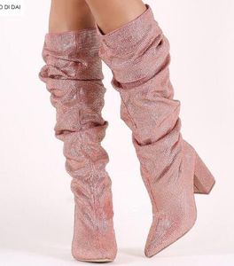 2019 Fashion Women Pink Boots Bling Boots Women Booties chunky Heel Diamond Boots Ladies Dress Shoes Point Toe Slip on Botas