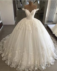 Elegant Ball Gown Wedding Dresses Off The Shoulder Lace Appliques Beaded Cathedral Train Bridal Gown With Lace Up