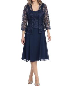 Setwell Navy Blue Two Pieces Sweetheart A-line Mother Of The Bride Dress 3/4 Sleeves Tea Length Lace Chiffon Wedding Guest Gown