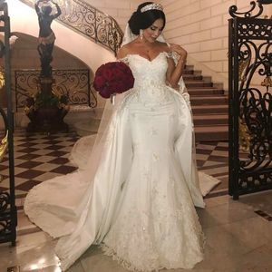 Eleganti abiti da sposa a sirena con perline con strascico staccabile e spalle scoperte Abiti da sposa Abito da sposa taglie forti in raso avorio con applicazioni