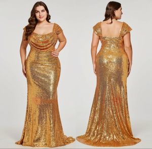 2024 Meerjungfrau-Abendkleider, glitzerndes Gold-Pailletten-Abschlussballkleid in Übergröße, quadratischer Ausschnitt, Reißverschluss hinten, bodenlang, gerüscht, neues Festzugskleid