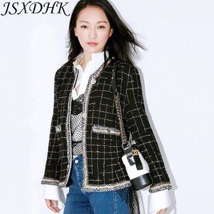 JSXDHK Runway Women Tweed Jacket Autumn Winter Plaid Black Tassel Weave Coat Vintage Single breasted Outerwear S-3XL