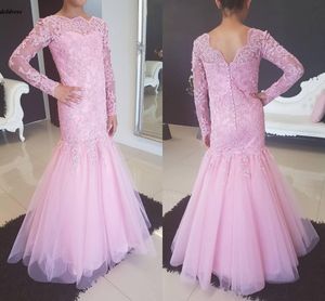 2020 Lovely Pink Long Sleeve Flower Girl Dresses For Juniors Lace Beteau Zipper Mermaid Girls Pageant Dress Party Prom Dress Kids Graduation