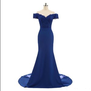 Altrosa Royal Blue Mermaid Off Schulter Brautjungfernkleider Perlen Applikationen Lange Abendkleid Spitze Partei Kleid