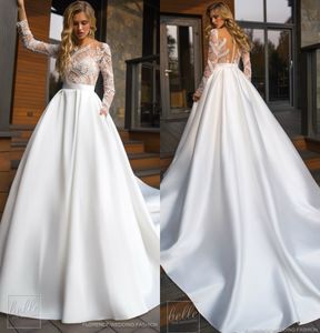 Gorgeous Beach Wedding Dresses A Line Lace Applqiues Button Back Satin Skirt Country Wedding Dress Custom Made Long Sleeve Bridal Gowns