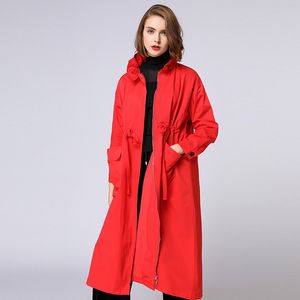 Fashion-Trench Coats Plus Storlek Kvinna 2018 Höst Vinter Oversized Red Black Long Elastic Waist Fashion Trench Coat Outwear Kvinna 4XL