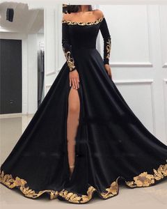 Gothic Black Plus Size Evening Dresses 2019 Long Sleeves Gold Lace Appliques Yousef Aljasmi High Split Arabic Formal Prom Gowns