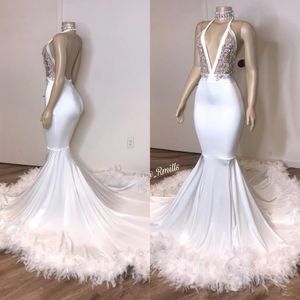 Sexig Backless White Mermaid Prom Klänningar 2020 med fjäder Silver Lace Plus Storlek Formell Special Occasion Grows Billiga Vestidos de Novia