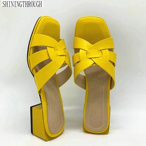 2019 Nuove pantofole da donna in pelle pu 4,2 cm tacco quadrato pantofola punta aperta sandali da donna rosa blu giallo scarpe casual da donna donna