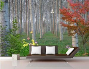 Linda floresta de bétulas paisagem fundo pintura de parede papel de parede moderno para sala de estar