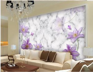 カスタム3D写真の壁紙紫のユリの壁紙蝶3 dの壁紙大理石パターンテレビの背景の壁
