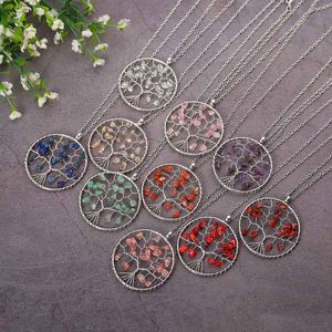 Tree of Life Charm Necklace Pendant Sliver Colorful Life Tree Necklaces Women Natural Volcanic Stone Clavicle Chain Crystal Gem Jewelry