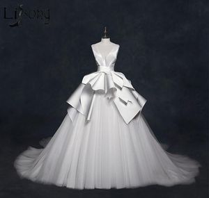 2019 Dreamy Ball Gown Wedding Dresses Tiered Satin and Tulle Lace-up Back Bridal Wedding Gowns Sheer Neck V Backless