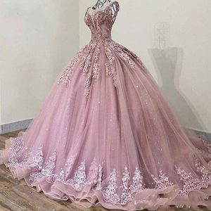 New Sexy Ball Gown Quinceanera Sleeveless Dusty Pink Tulle Lace Appliques Beads Sweet 16 Party Formal Prom Dresses Evening Gowns