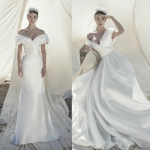 Nuovo arrivo a buon mercato Semplice ed elegante Sirena con spalle scoperte Pieghe Lunghezza pavimento Abito da sposa Abiti da sposa Abiti da Noiva