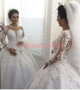 Elegance Lace Long Sleeve Sheer Arabic Wedding Dresses Said Mhamad Tulle Illusion Bride Dress Vestido de novia Country Bridal Ball Gowns