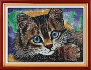 Lovely Lazy Cat Drawing Handmade Cross Stitch Craft Tools Brodery Needwork Set Counted Print på Canvas DMC 14ct 11CT Home Decor målningar