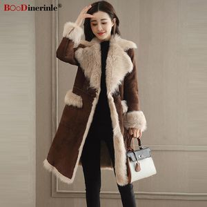 Moda inverno mulheres marrom camurça casaco feminino longo engrossar casaco de pele quente simples wear stitching outwear para mulheres l072