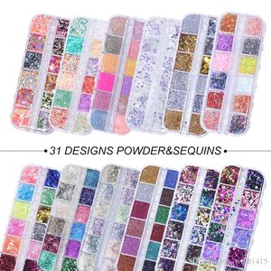 12 Siatki Mermaid Proszek Paznokci Glitter Płatki Błyszczące Okrągłe Sześciokąt Holograficzne Paillette Cekiny Nails Art Decoration