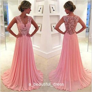 Illusion Back Plunging Neckline Lace Chiffon Prom Dresses Long Sexy Sleeveless Evening Dresses Vestidos Formal Evening Gowns ED1114