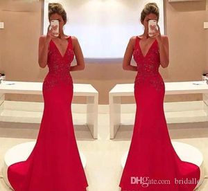 Red Mermaid Prom Dresses Long V Neck Lace Appliques Formal Evening Party Gowns Dresses Evening Wear robes de soirée Abendkleider