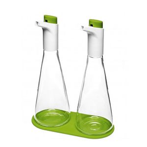 Set di 2 boccette da pressa per olio con vassoio in silicone Utensili da cucina per insalata Bottiglie per ampolle a flusso regolabile Vaso per aceto in vetro Dispenser per salsa di soia