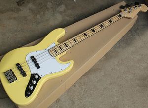 Желтая 4-струнная электрическая джазовая бас-гитара с белой накладкой из кленового грифа может быть настроена по запросу
