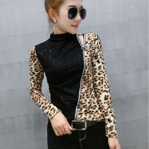 Patchwork Leopard Pullover Tshirt 2018 Ny våren Höst Kvinnor Sequined Bottoming Shirt Turtleneck T-shirts T91801