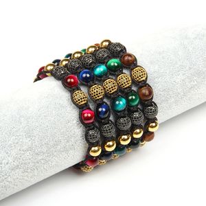 Smycken män grossist 10st / mycket 8mm naturlig tiger ögon sten pärlor med micro pave black cz kopparkula macrame armband