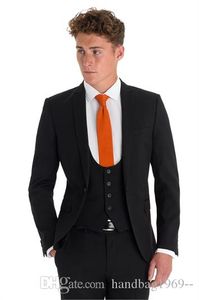 Latest Design One Button Black Groom Tuxedos Notch Lapel Groomsmen Best Man Mens Wedding Suits (Jacket+Pants+Vest+Tie) D:234