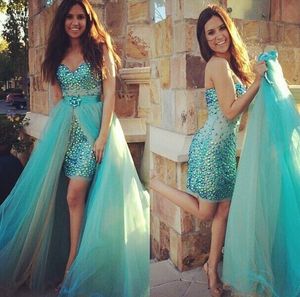 Turquoise Detachable Train Tulle Bling Pageant Dresses Prom 2019 Colorful Crystal Sequins Beaded Strapless Corset Back Party Dress Evening