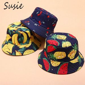 여성 남성 여름 가역 팩커 블 버켓 모자 다채로운 열대 과일 파인애플 바나나 하라주쿠 챙이 넓은 어부 모자 인쇄