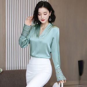 Frauen Blusen Shirts Koreanische Seide Frauen Satin Bluse Hemd Plus Größe Elegante Frau Langarm Stickerei Damen Tops Und