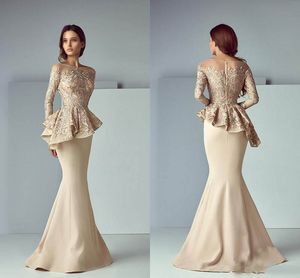 Mother Of The Bride Dresses Jewel Neck Mermaid Illusion Long Sleeves Lace Appliques Peplum Wedding Guest Gowns Plus Size Mothers G291Q