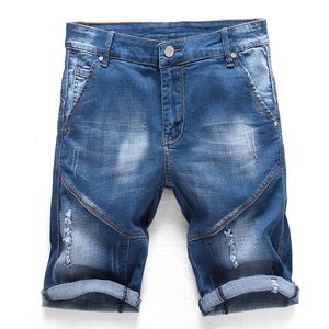 Sommer neue Vintage zerrissene blaue Männer Jeans Shorts Herren Lochnähte Stretch-Denim-Shorts schlanke Hip-Hop-beiläufige gerade Shorts