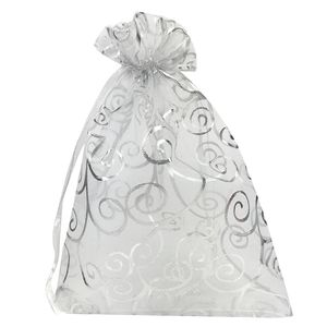 100pcs 4x6 pollici coulisse organza regalo sacchetti di caramelle bomboniere borse (bianco con argento)