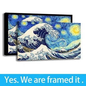 The Great Wave Off Kanagawa Art Home Decor Notte stellata Stampa HD Pittura a olio su tela - Pronta per essere appesa - Fraemd