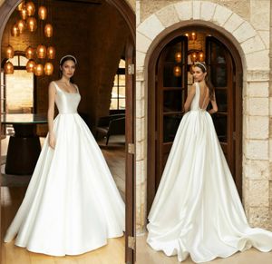 Cheap A Line Wedding Dresses Simple Generous Square Sleeveless Satin Wedding Gown Sweep Train Ruched Custom Made Hot Sell Robes De Mariée