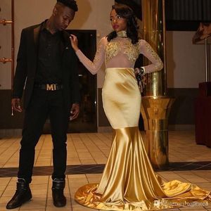 Abiti da ballo sexy in oro con sirena Nuove applicazioni in pizzo Abiti da cerimonia africani Illusion Abiti da sera trasparenti con maniche lunghe e perline per ragazze nere