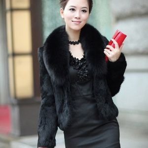 暖かい冬の女性の毛皮のコート黒い大きな毛皮の襟長袖ミンクヘアデザインショートアウタープラスサイズS-5XL