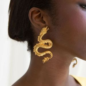 Punk Shining Gold Dragon Oświadczenie Kolczyki Dla Kobiet 2020 Duży przesadny Firery Smok Stud Kolczyki Femme Biżux Biżuteria