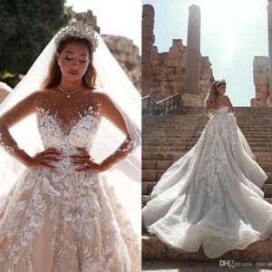 2020 Arabic Crystal Beaded A-line 3D Lace Flowers Wedding Dresses Luxury Long Sleeves Saudi Arabia Dubai Plus Size Bridal Gown