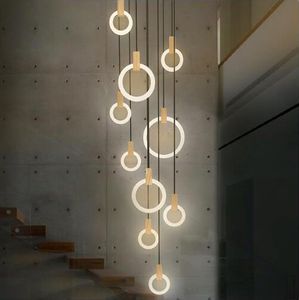 Modern Nodic Wood LED Ring Chandeliers Acrylic Ring Stair Lighting Fixtures for Living room Dining room Stair 3/5/6/7/10 Rings