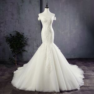 Beyaz Fildişi Mermaid Gelinlik Gelin Kıyafeti Dantel Aplike Lace Up Geri Düğün Örgün Durum Elbise Artı Boyutu
