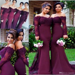 Wholesale wine bridesmaid dresses long resale online - Wine Red Burgundy Lace Mermaid Bridesmaid Dresses Off Shoulder Sweetheart Long sleeve Illusion Appliques Tulle Beaded Sweep Train dress