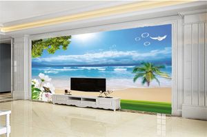 3d Plaj Duvar Kağıdı güzel çiçekler romantik plaj manzara duvar kağıdı 3D Duvar Kağıdı Ev Dekor Özel